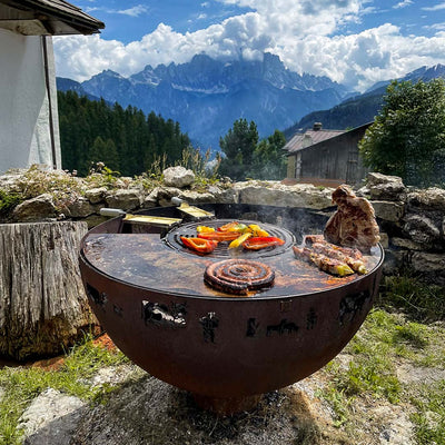 Fire bowl with grill ring and alpine hoist