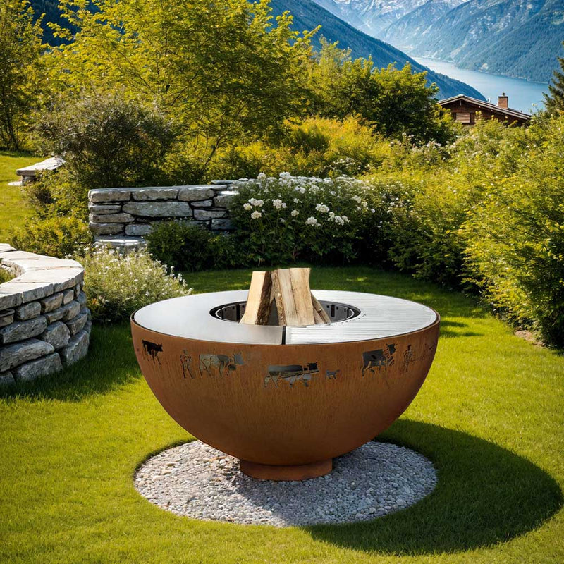 Fire bowl with alpine elevator