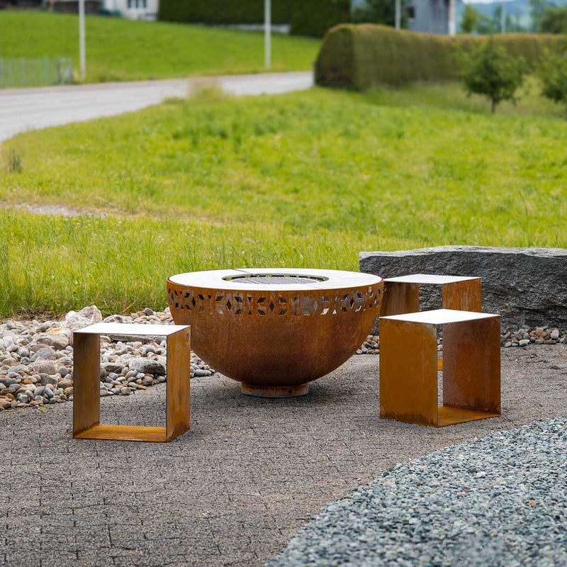 Fire bowl with grill ring and ornament in stainless steel