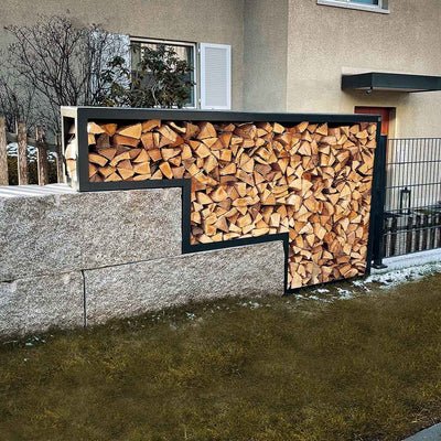 Firewood rack with back panel made to measure, stainless steel powder-coated