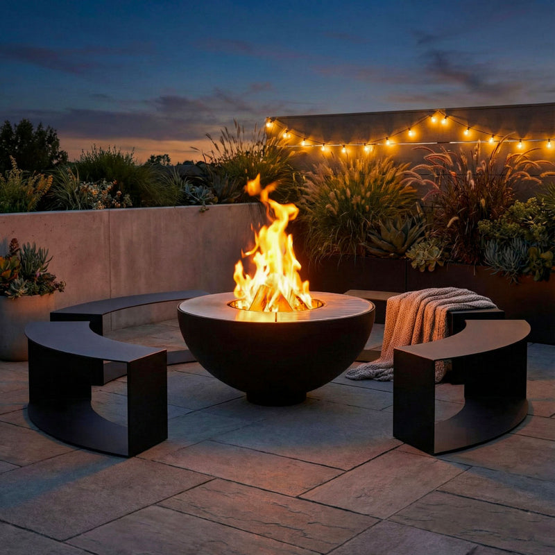 Beautiful fireplace with fire bowl and bench