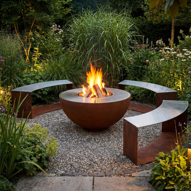 Beautiful fireplace with fire bowl and bench