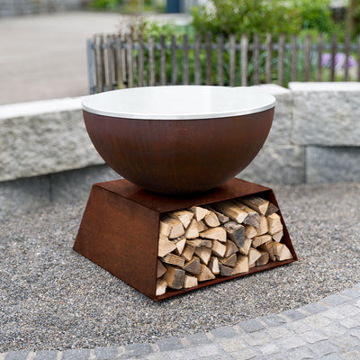 Base for fire bowl with wood compartment